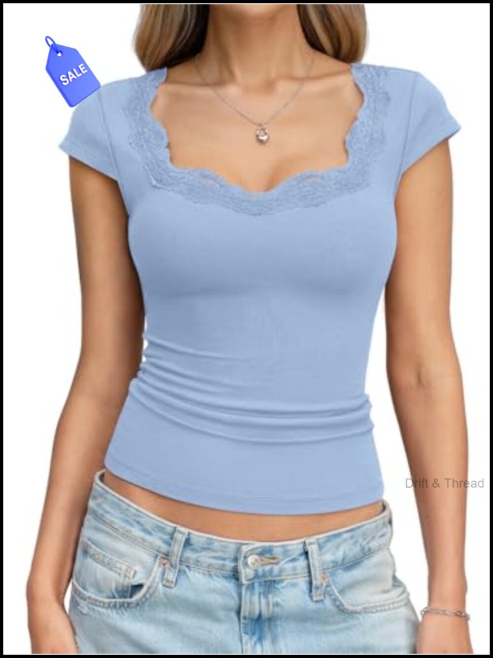 Lace Scoop Neck Cotton Cap Sleeve Slim Fit T-Shirt Women's Stretchy Top